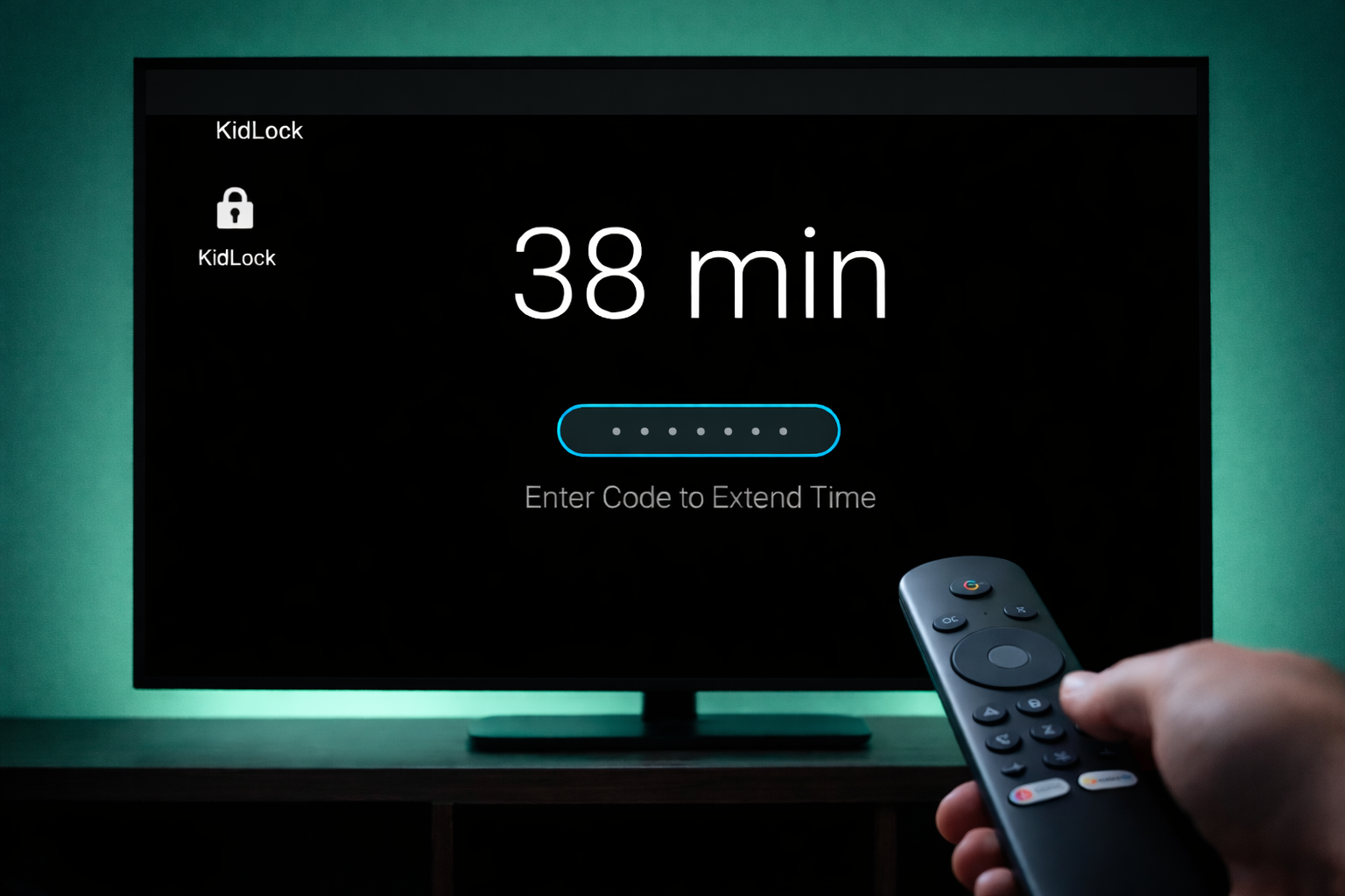 KidLock Android TV app interface showing time limit screen with code input and remote control
